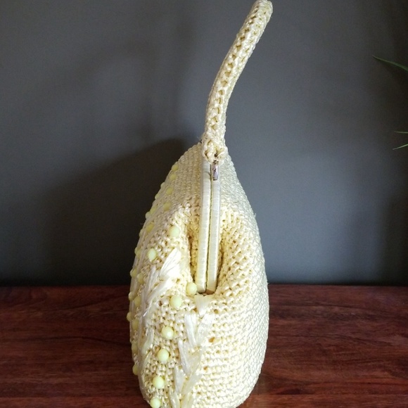 Vintage Mid Century Bradlees Yellow Straw Beaded Bag Made in Japan - Picture 4 of 11